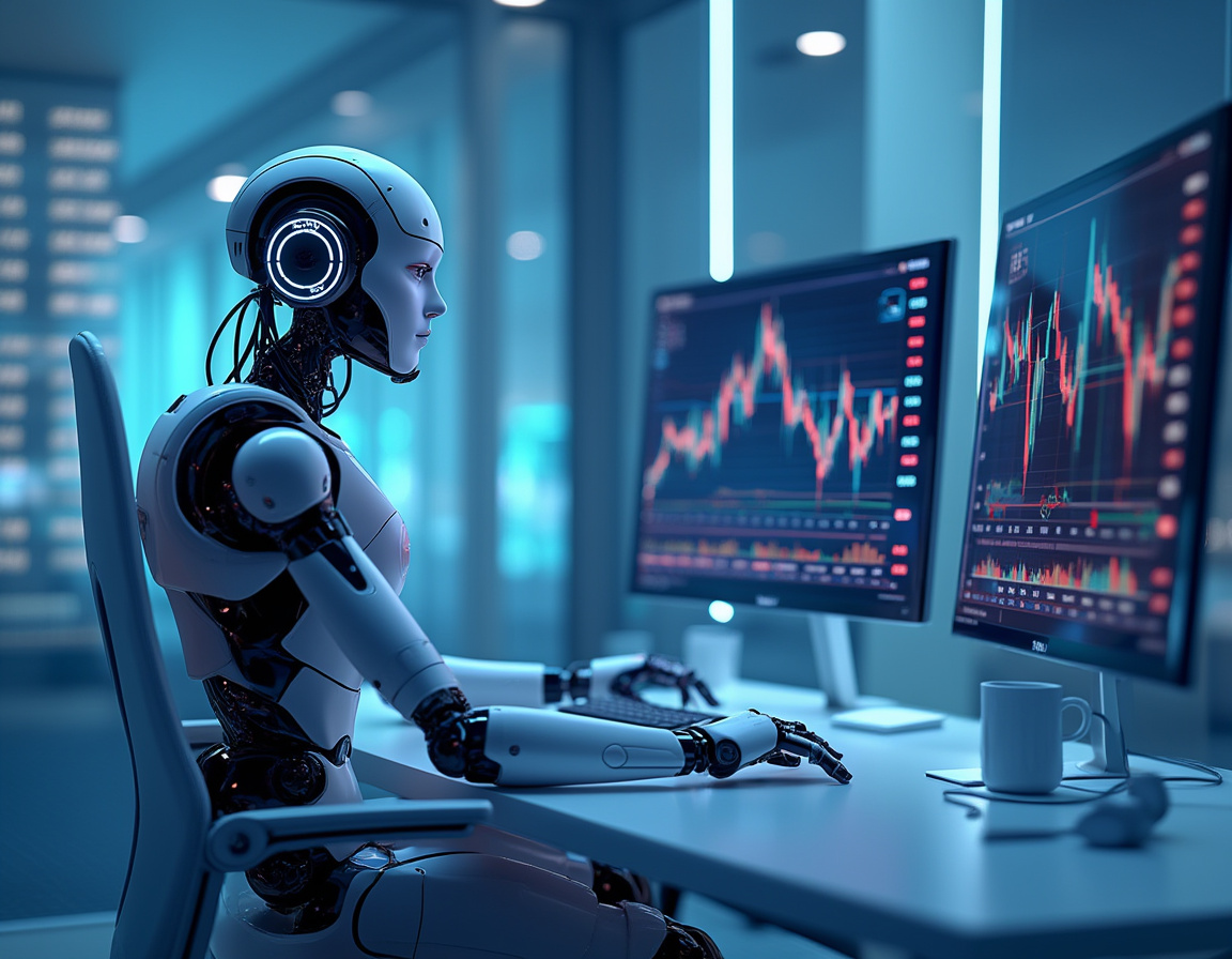 A sleek AI trading bot analyzes market data at a high-tech workstation with multiple screens.