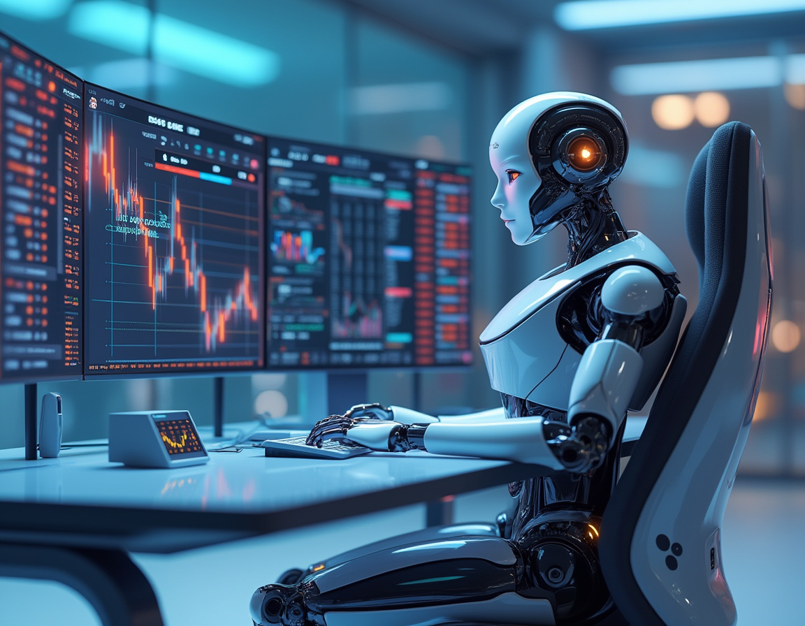 A humanoid AI trading bot analyzes market data at a high-tech workstation surrounded by screens.