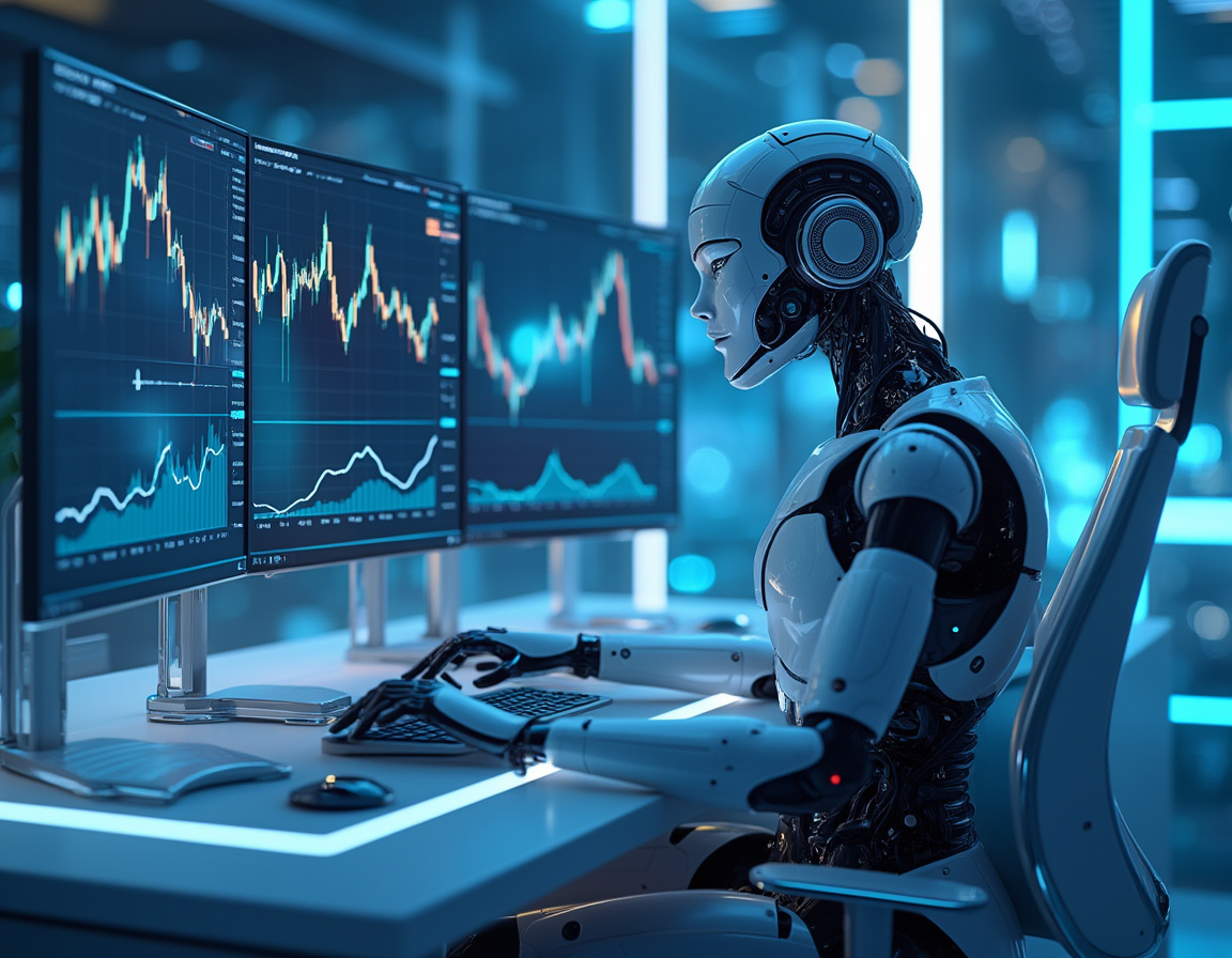 A hyper-realistic AI trading bot at a high-tech workstation analyzing stock and crypto charts in 3D.