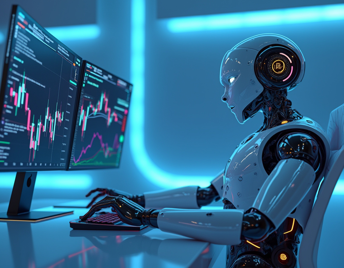A hyper-realistic AI trading bot seated at a workstation analyzing market data on multiple screens.