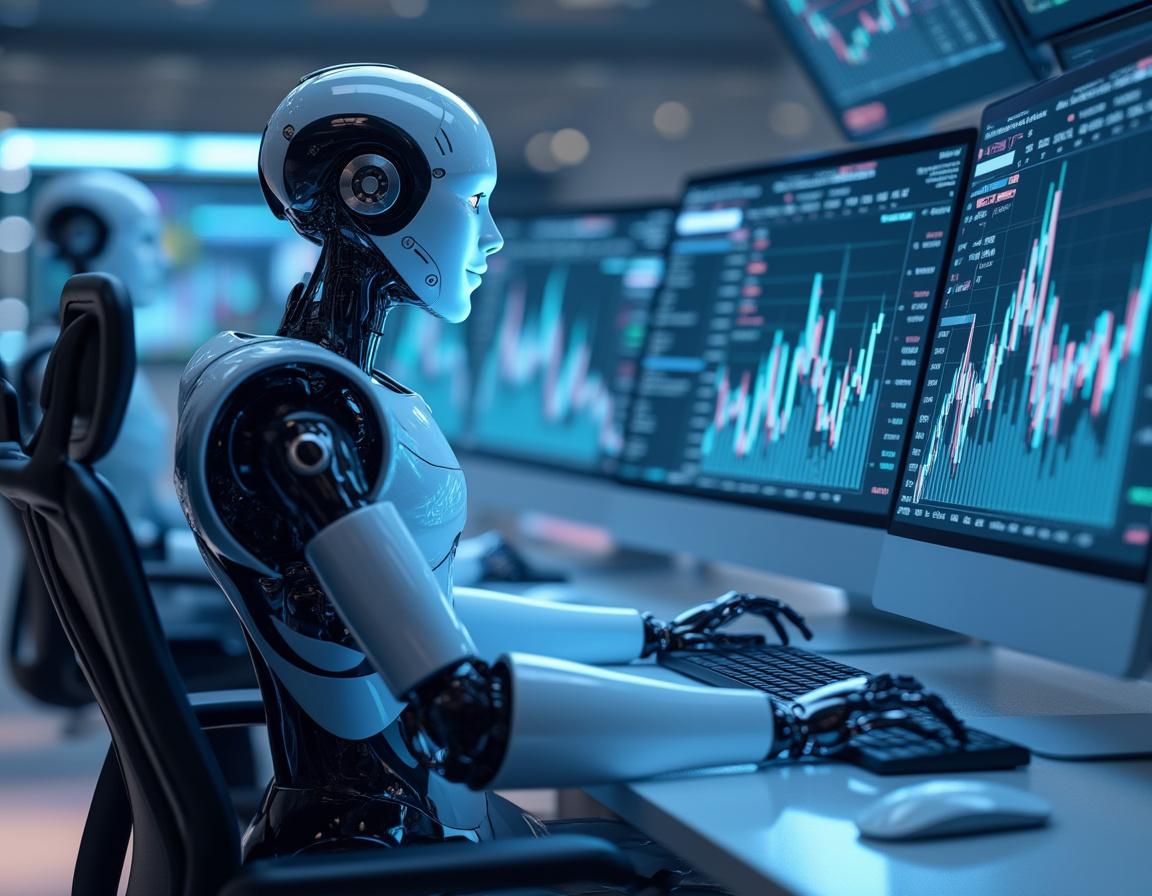 A hyper-realistic AI trading bot analyzes market data in a futuristic financial trading environment.