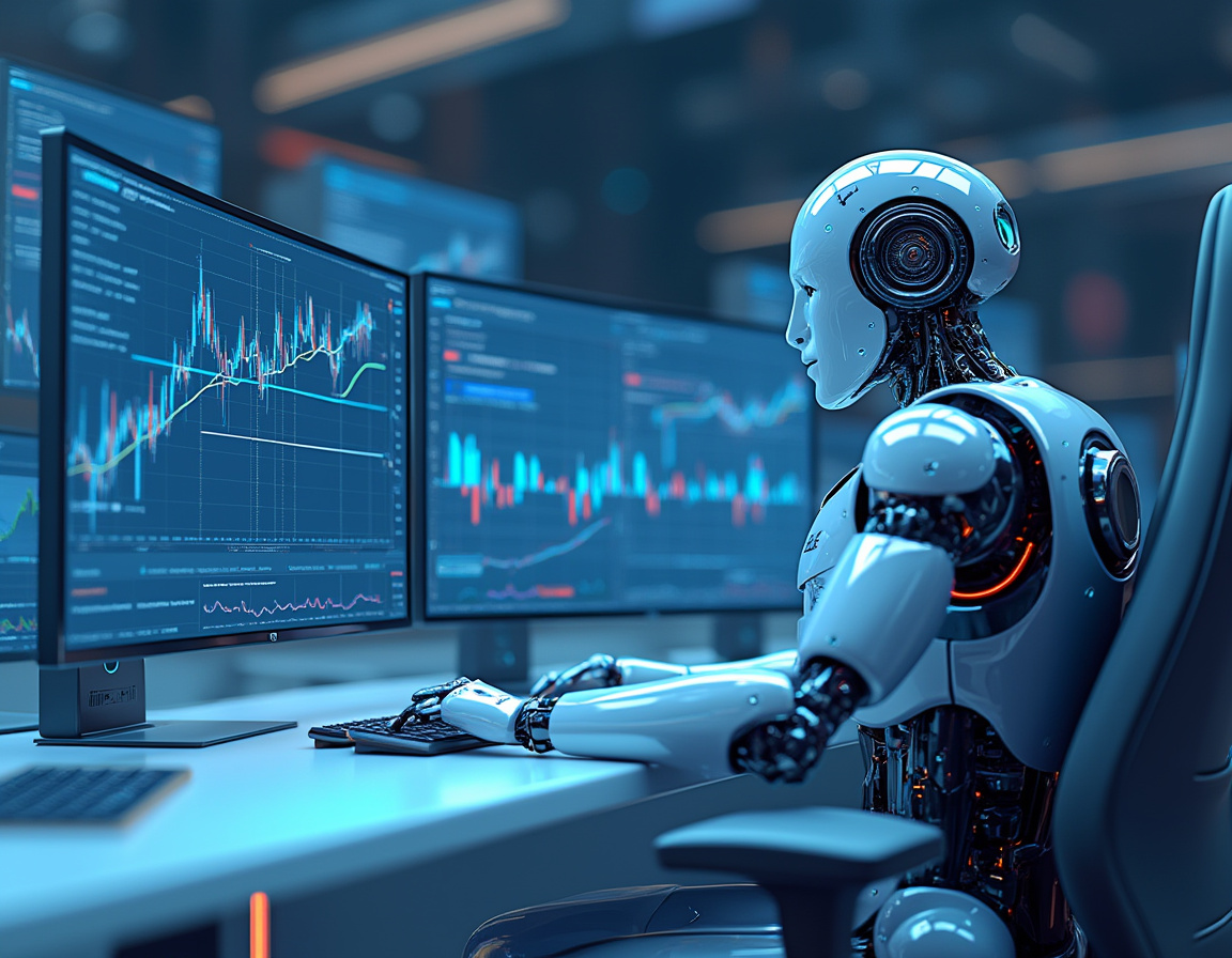 A hyper-realistic AI trading bot at a high-tech workstation analyzing data on multiple screens.