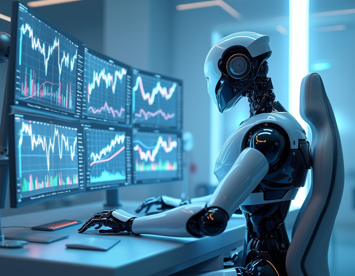 A sleek humanoid AI trading bot analyzes data on multiple screens in a futuristic financial setting.