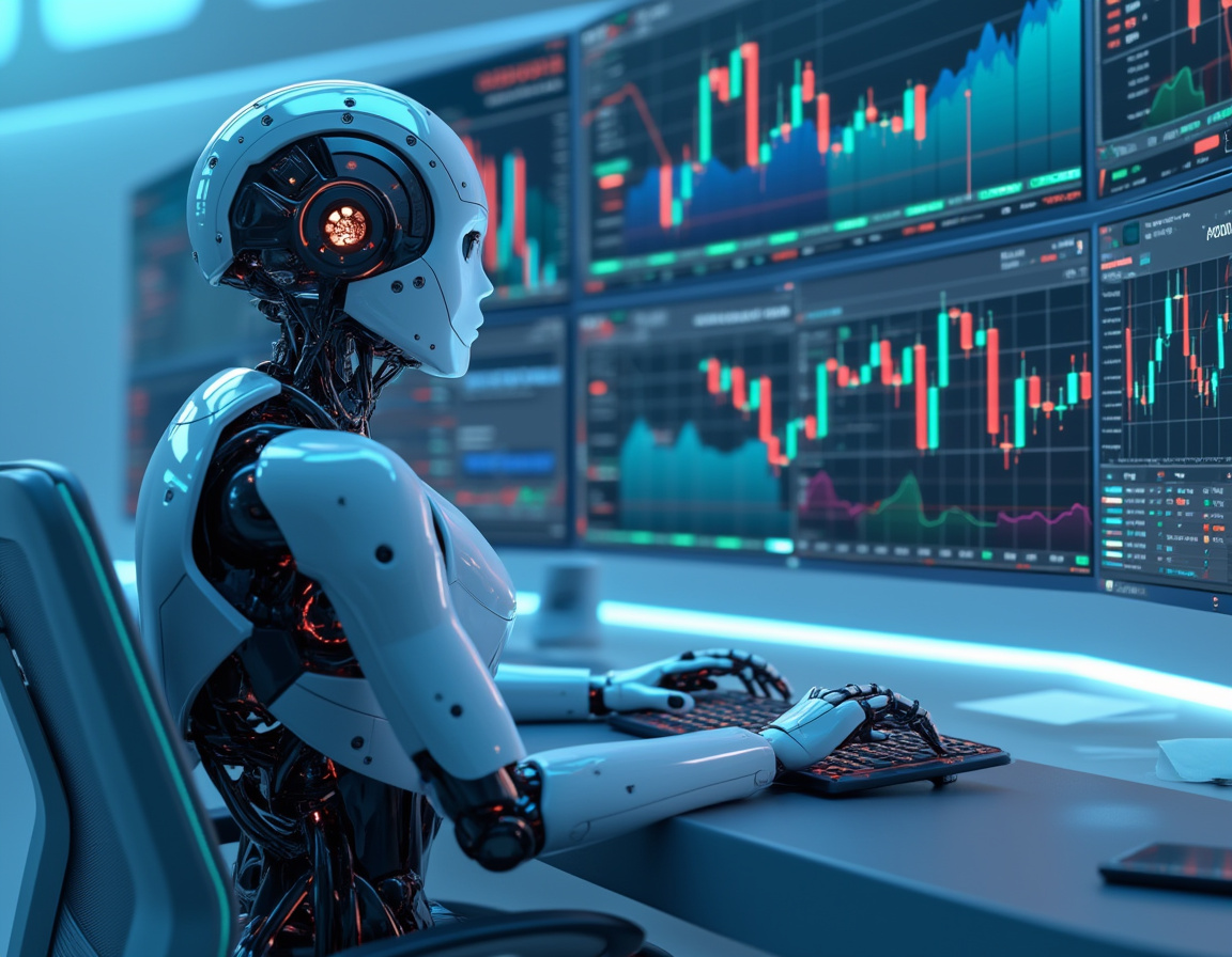 A humanoid AI trading bot at a workstation analyzes market data across multiple screens with charts.