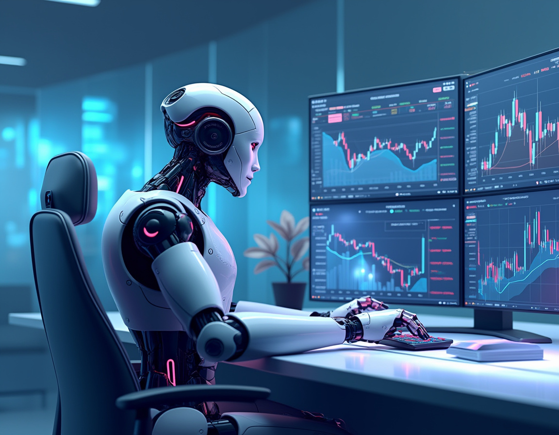 A humanoid AI trading bot at a high-tech workstation, analyzing market data on multiple screens.