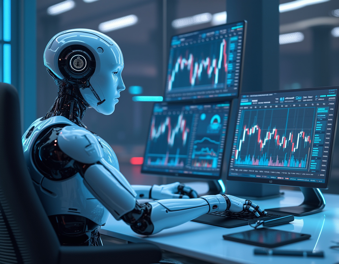 A humanoid AI trading bot analyzes market data at a high-tech workstation with glowing screens.