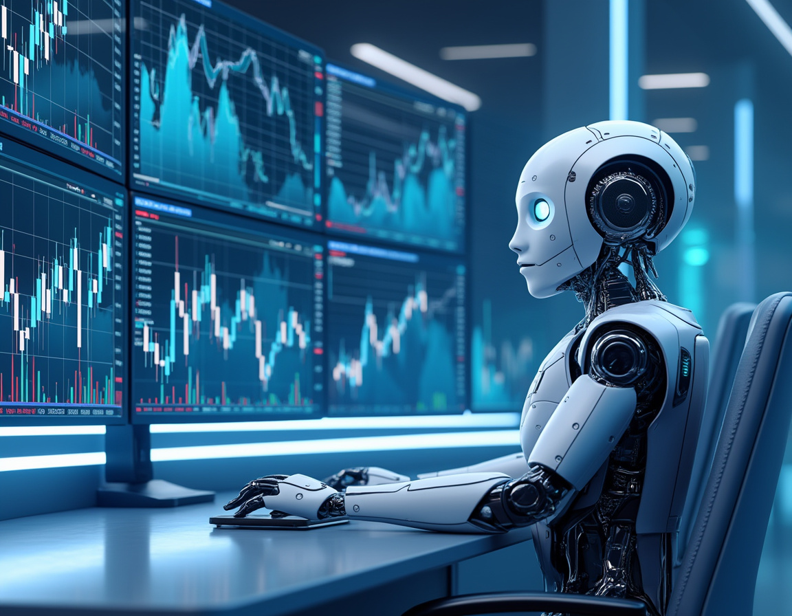 A sleek, humanoid AI trading bot at a high-tech workstation analyzing data on multiple screens.