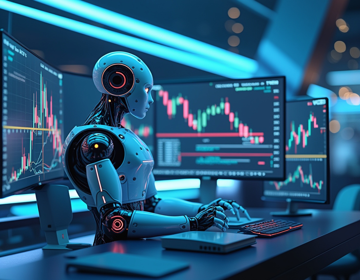 A hyper-realistic AI trading bot analyzes data at a high-tech workstation with glowing screens.
