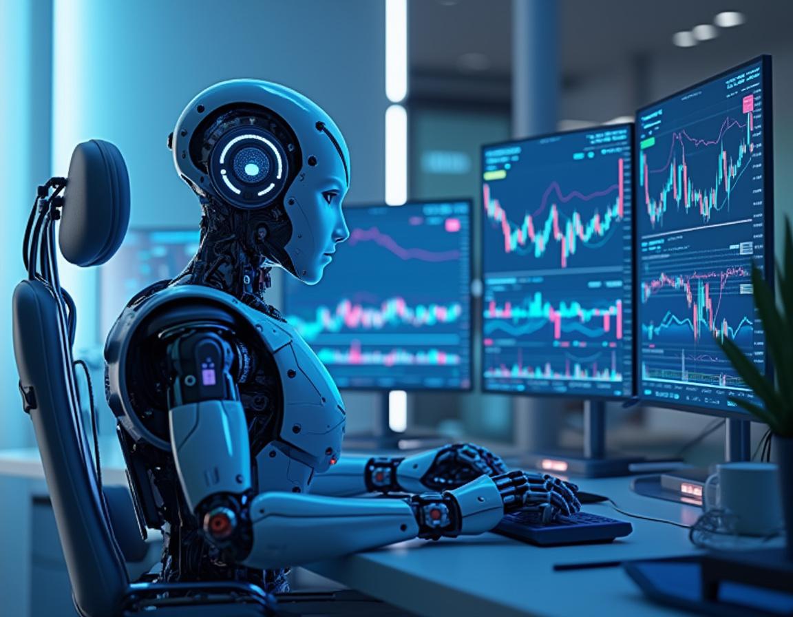 A humanoid AI trading bot analyzes market data at a high-tech workstation with multiple screens.