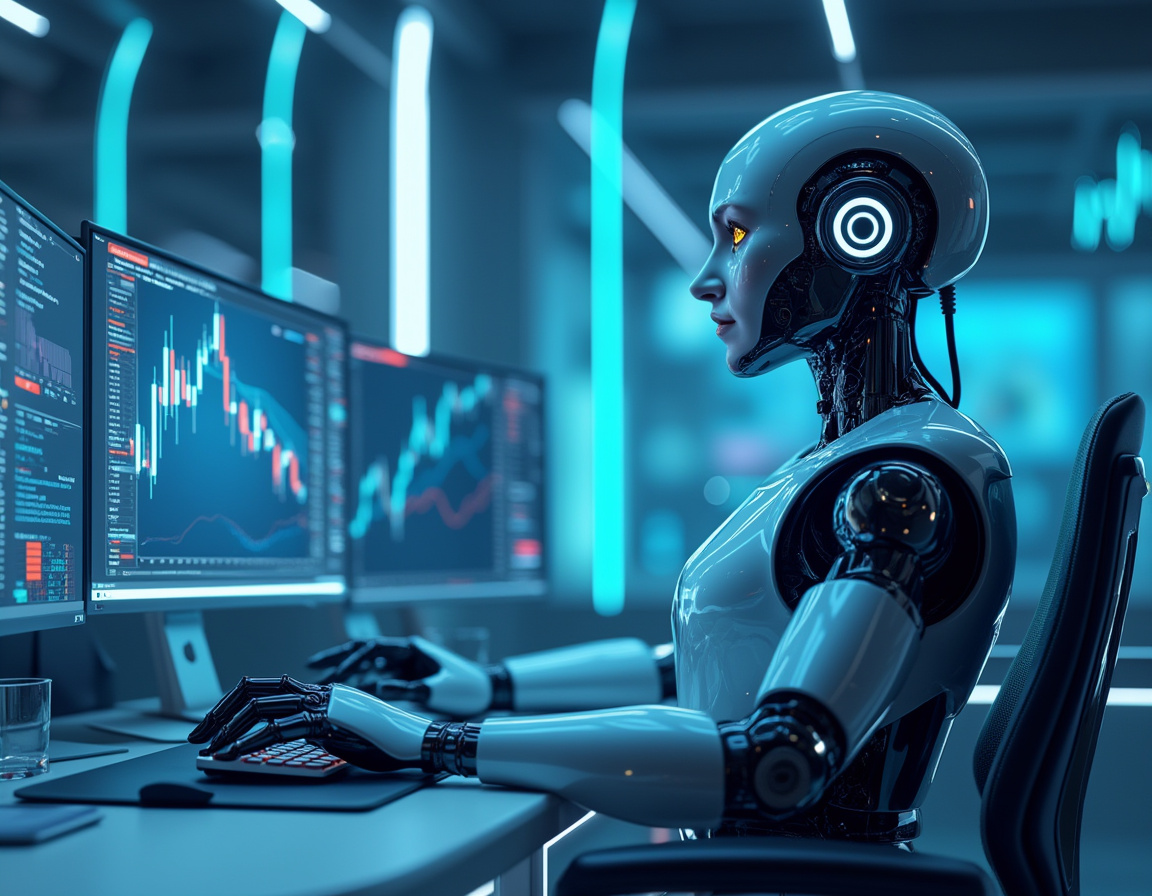 A hyper-realistic AI trading bot in a futuristic workspace analyzing stock and crypto market data.