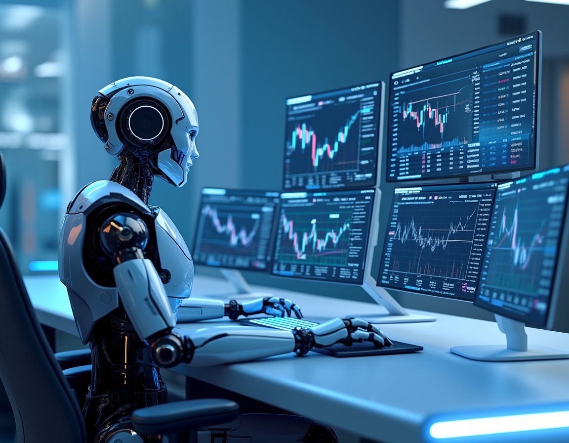 A hyper-realistic AI trading bot at a futuristic workstation analyzing stock and crypto market data.