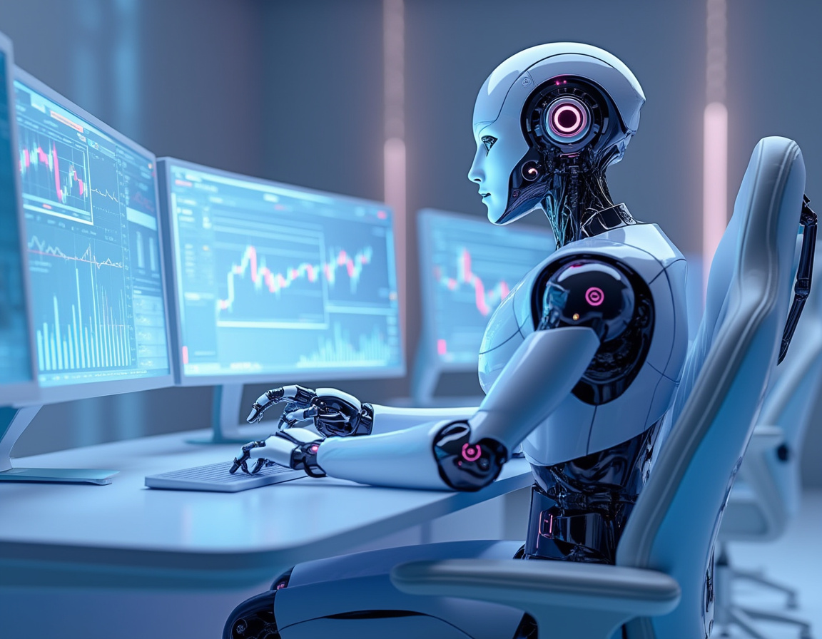 A humanoid AI trading bot in a futuristic environment analyzing market data on multiple screens.