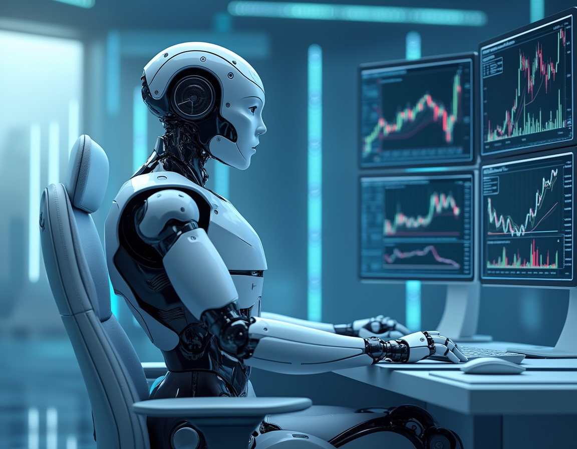 A detailed 3D render of a humanoid AI trading bot in a futuristic workspace analyzing market data.