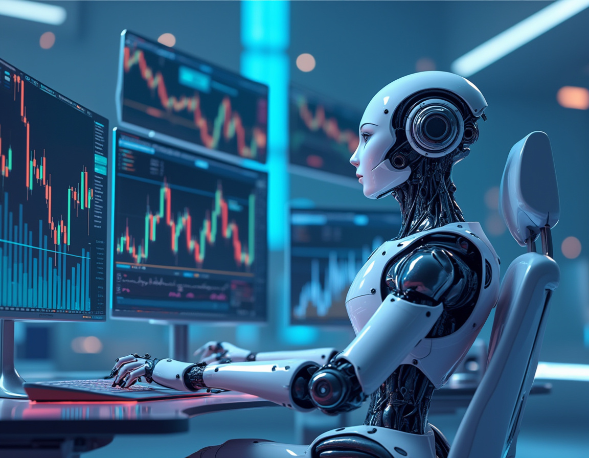 A sleek humanoid AI trading bot at a futuristic workstation, analyzing data across multiple screens.