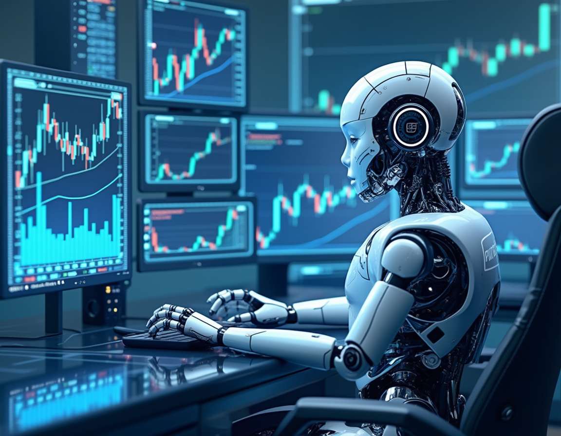 A hyper-realistic AI trading bot analyzes data at a high-tech workstation in a futuristic setting.