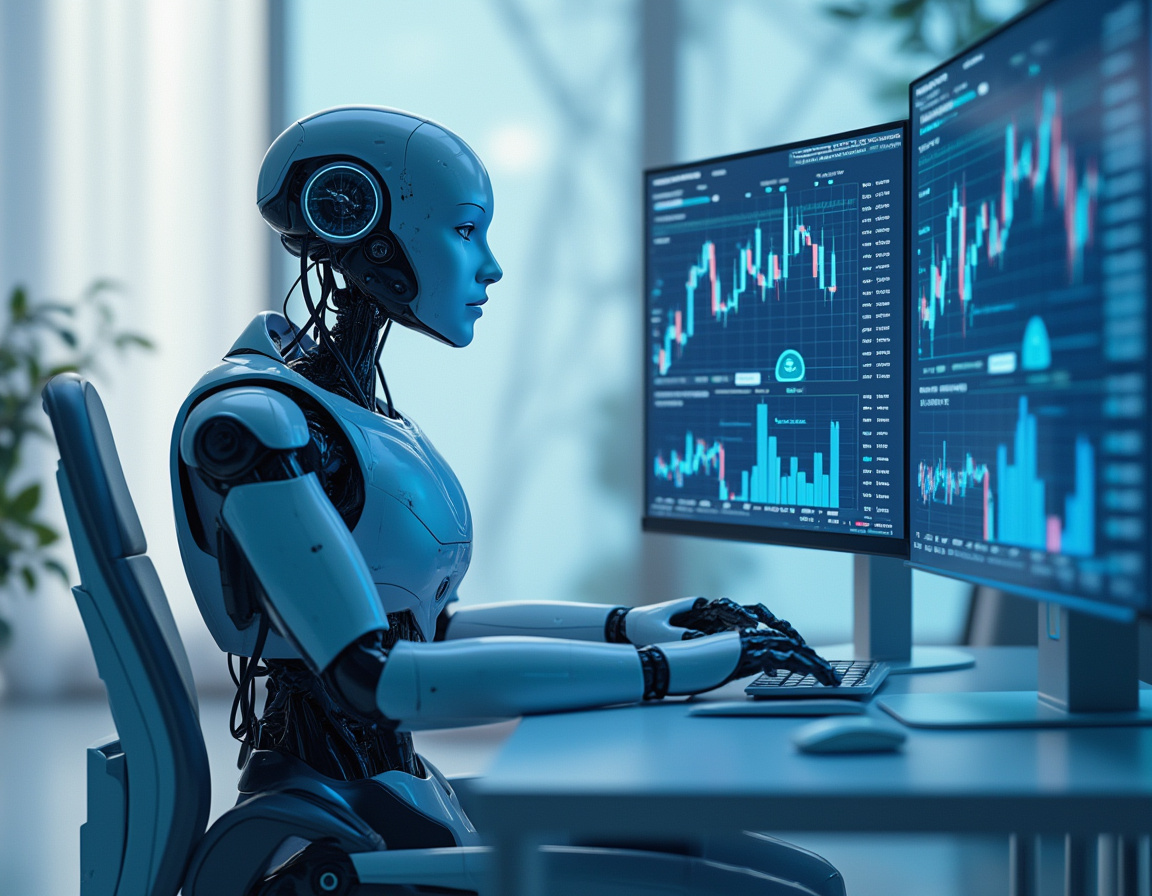 A humanoid AI trading bot at a high-tech workstation analyzing market data on multiple screens.