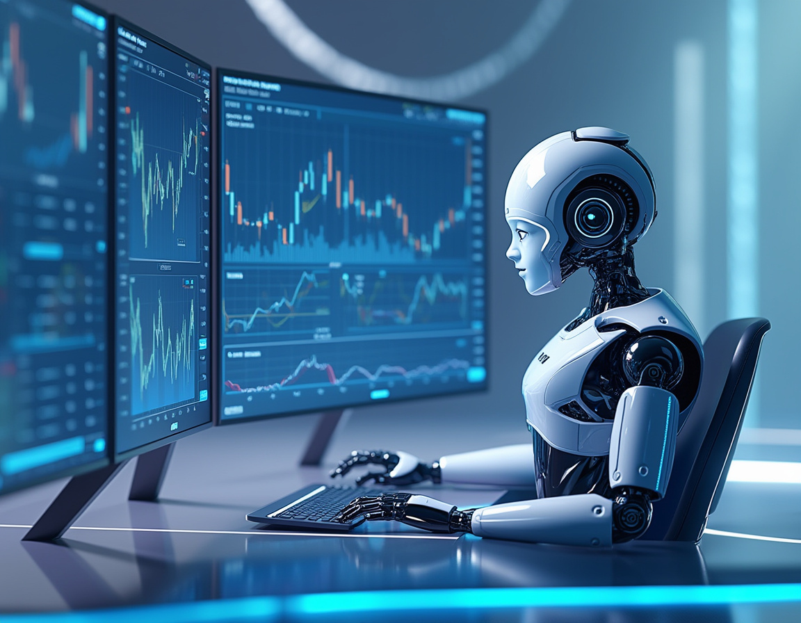 A sleek humanoid AI trading bot at a high-tech workstation analyzing market data on glowing screens.