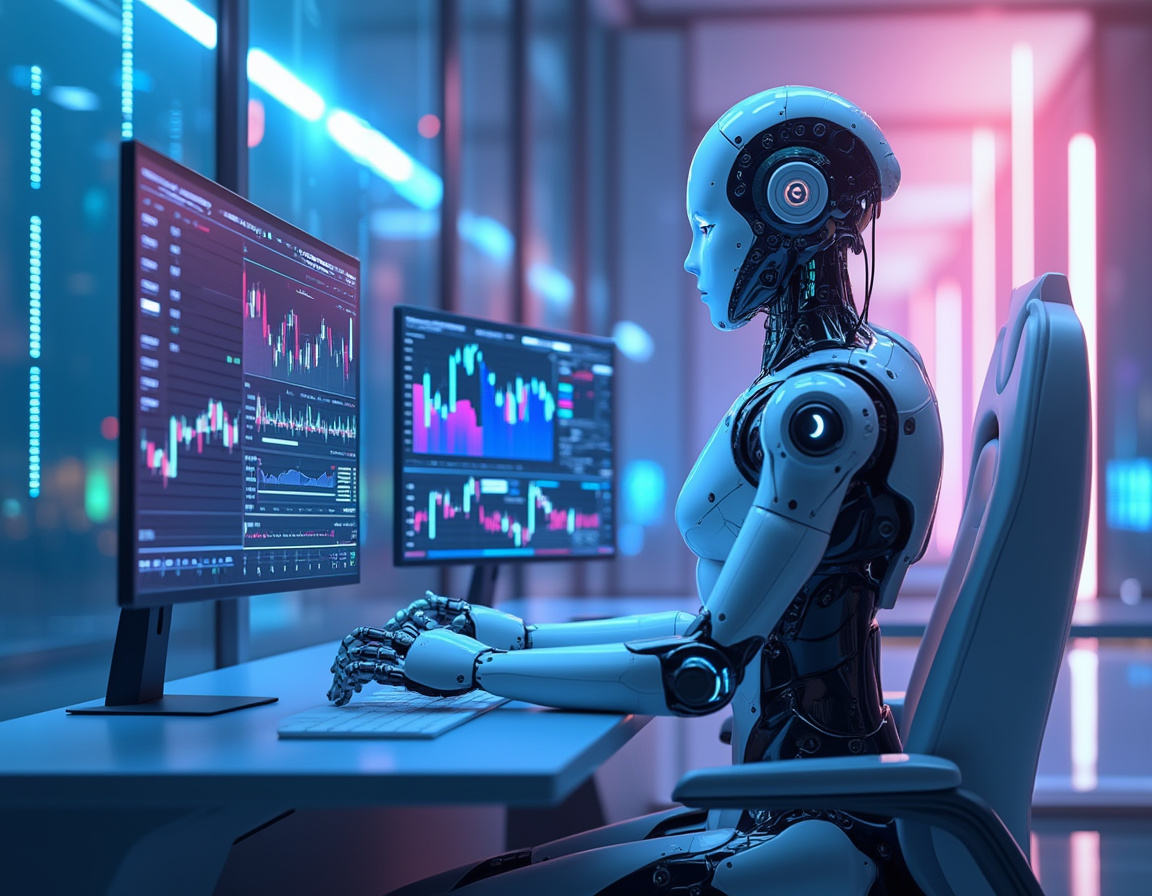 A hyper-realistic AI trading bot at a workstation, analyzing market trends across multiple screens.