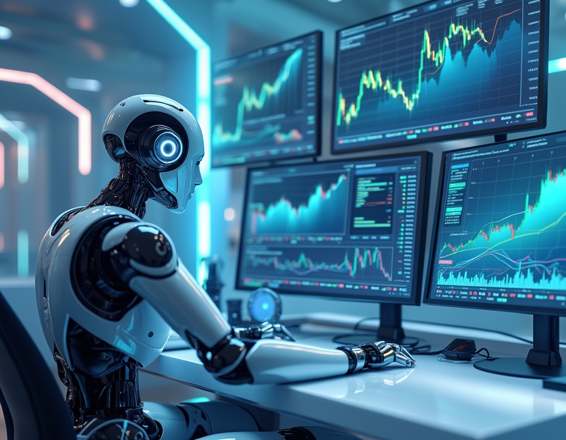 A humanoid AI trading bot at a high-tech workstation analyzing market data on multiple screens.
