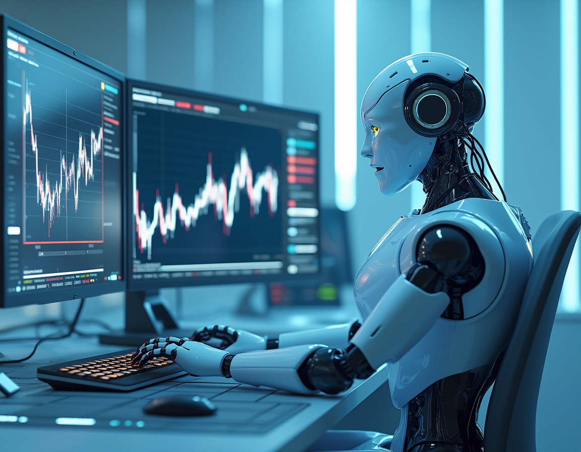 A humanoid AI trading bot analyzes markets at a high-tech workstation with dynamic screens.