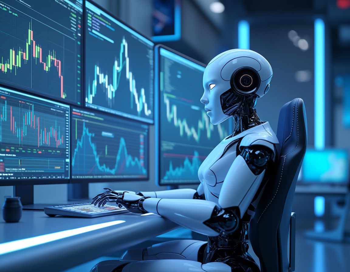 A hyper-realistic AI trading bot analyzes market data at a high-tech workstation, showcasing trends.
