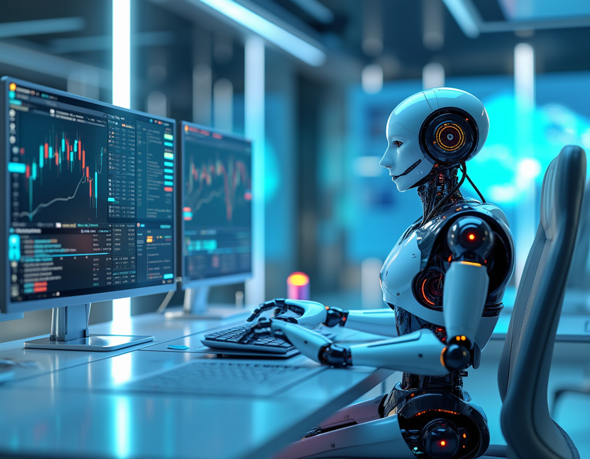 A humanoid AI trading bot in a high-tech workstation analyzing market data on multiple screens.