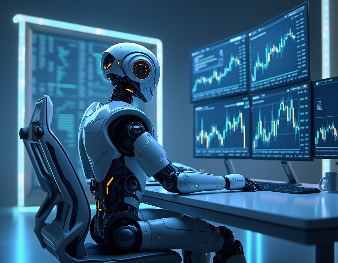 A hyper-realistic AI trading bot at a high-tech workstation, analyzing stock and crypto market data.