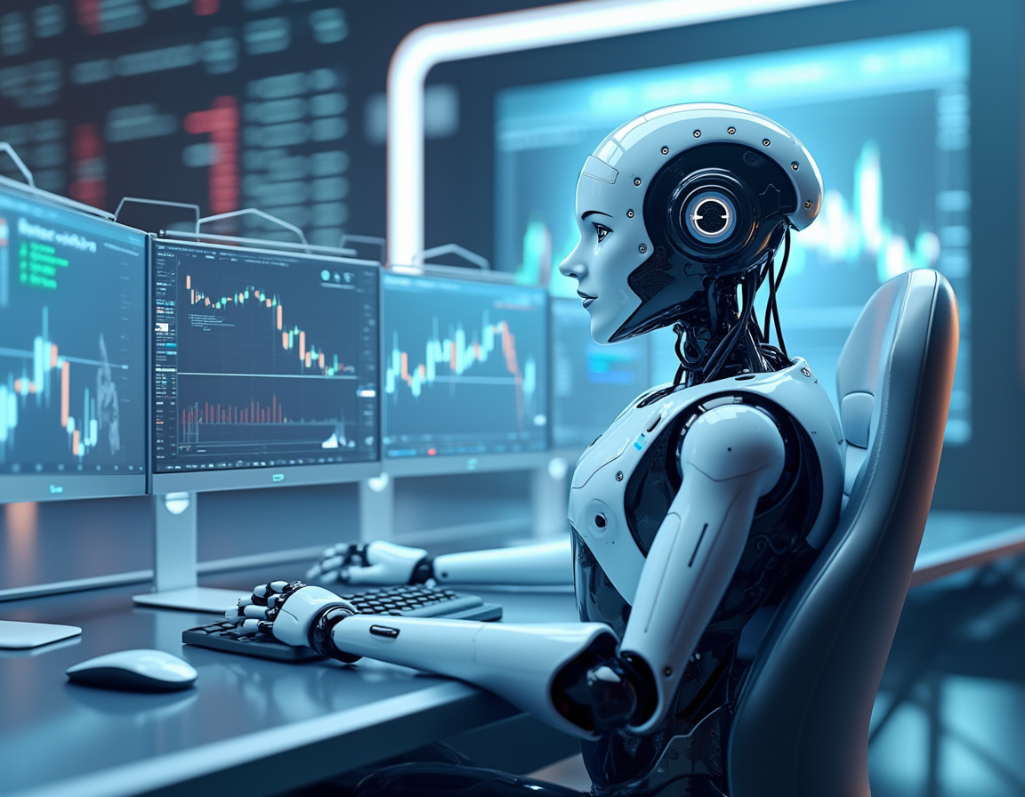 A humanoid AI trading bot in a futuristic workstation, analyzing market data on multiple screens.
