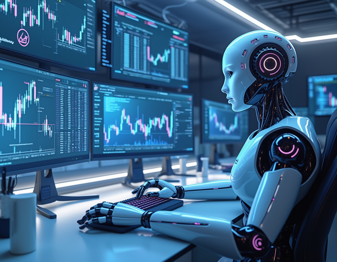 A hyper-realistic AI trading bot at a workstation analyzing market data on multiple screens.