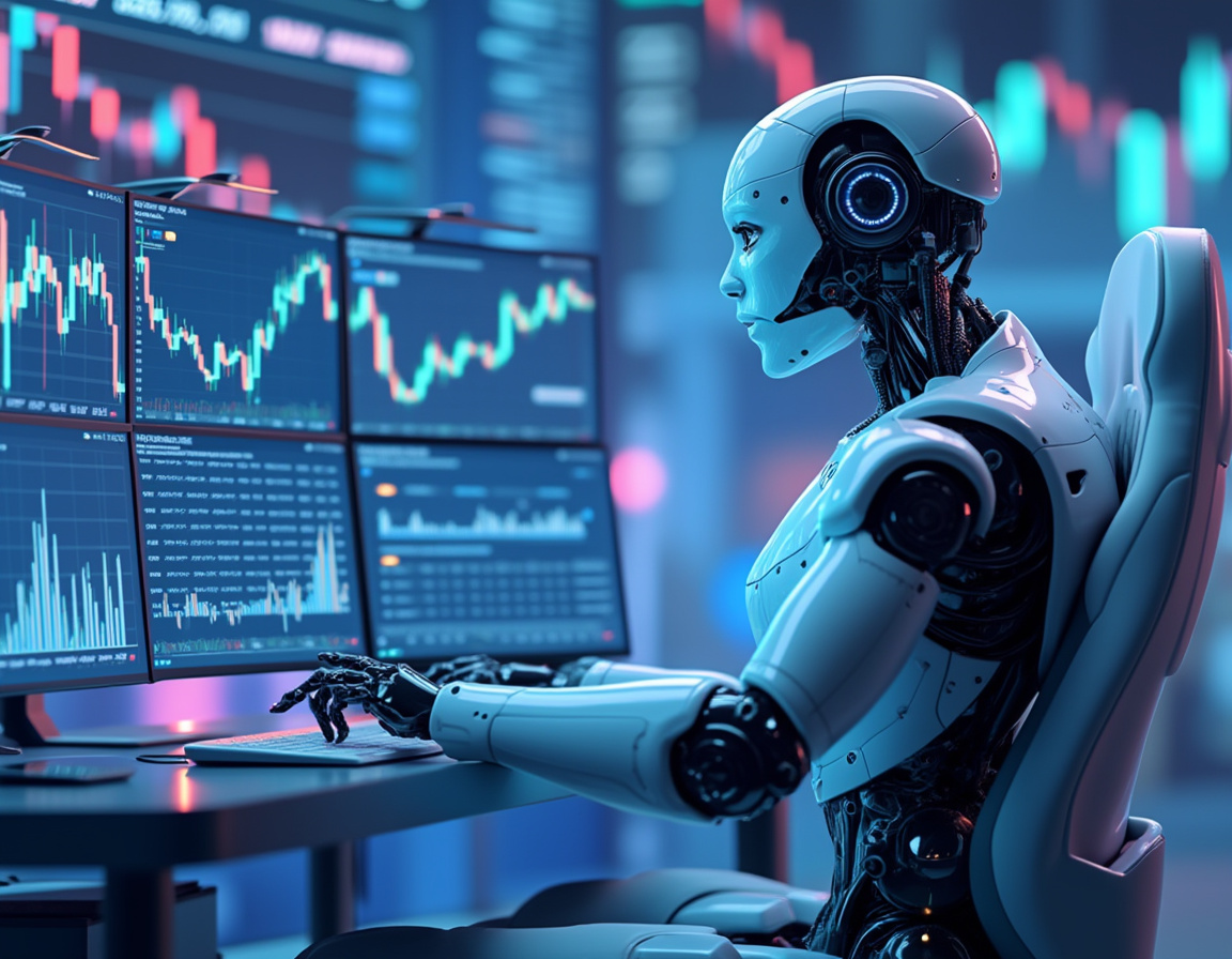 A hyper-realistic AI trading bot analyzes market data on multiple screens in a futuristic workspace.