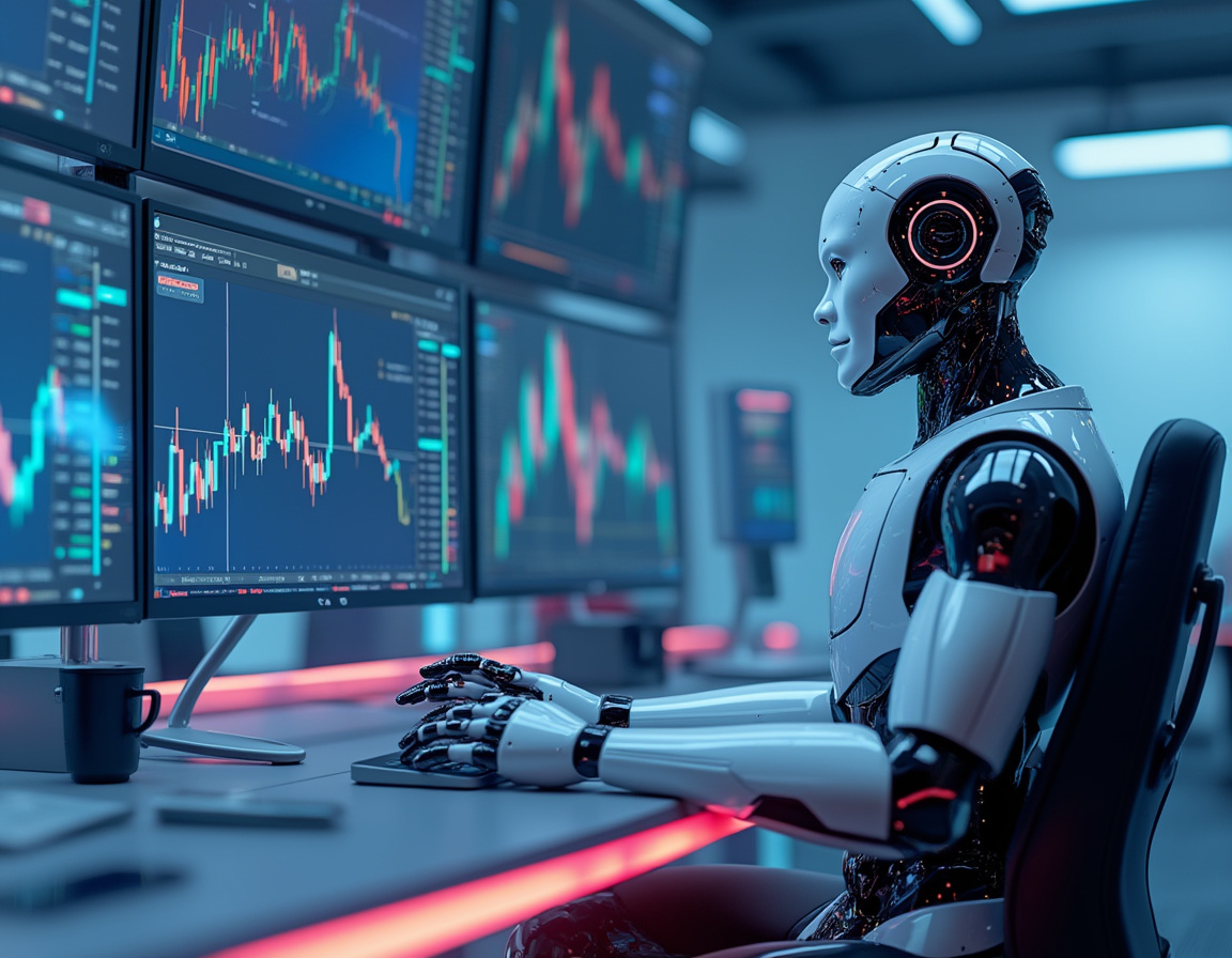 A humanoid AI trading bot at a workstation analyzes market data on screens in a futuristic setting.