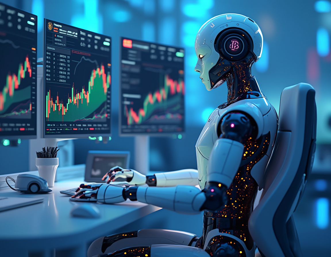 A humanoid AI trading bot at a high-tech workstation analyzing market data on multiple screens.