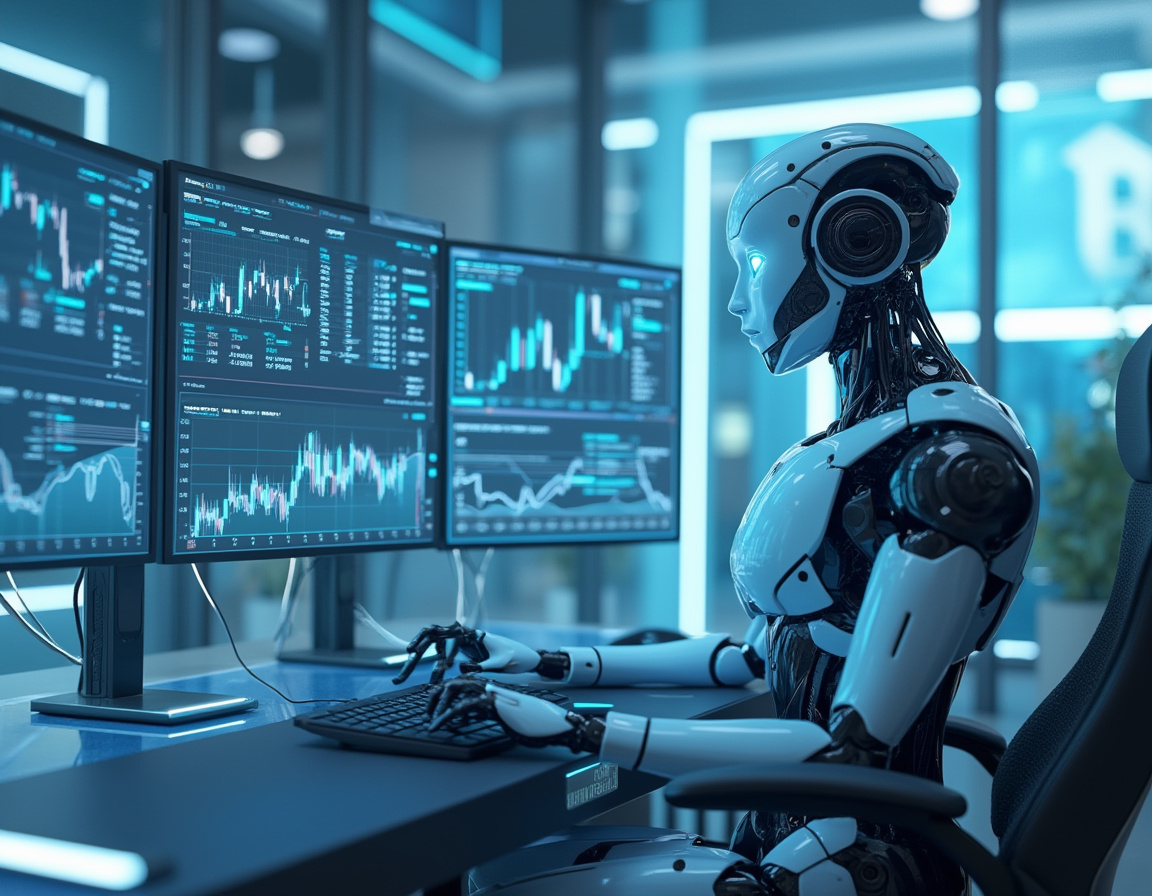 A humanoid AI trading bot at a workstation analyzes stocks and cryptocurrencies on multiple screens.