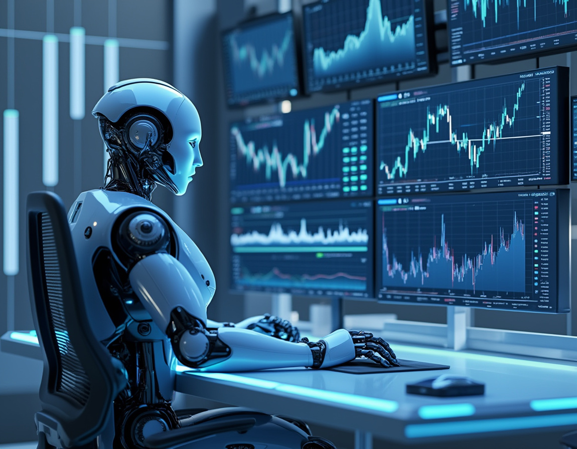 A humanoid AI trading bot analyzes market data at a high-tech workstation with glowing monitors.
