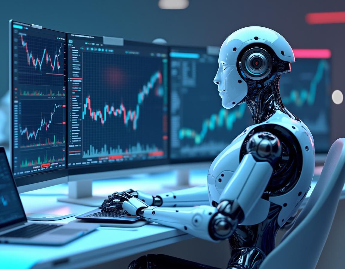 A futuristic AI trading bot analyzes market data at a high-tech workstation with glowing screens.