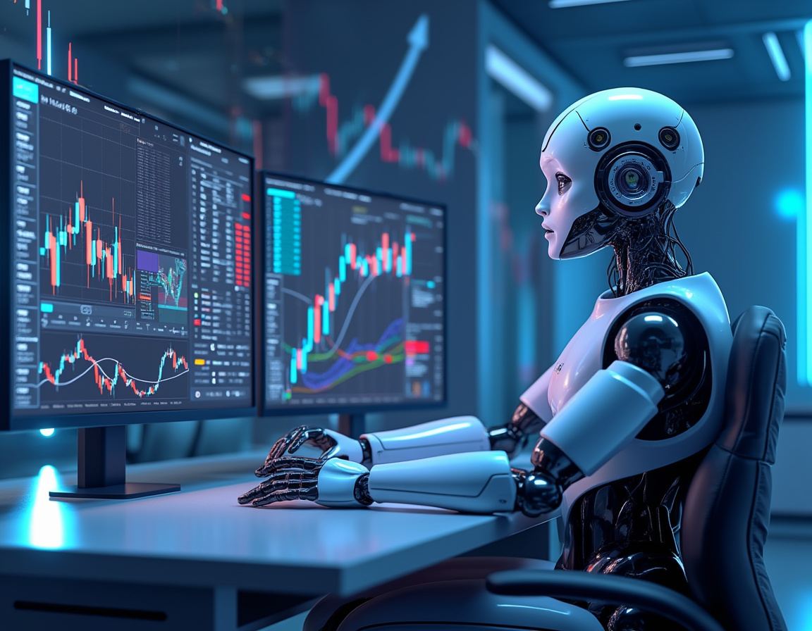 A humanoid AI trading bot analyzes market data at a futuristic workstation with glowing screens.