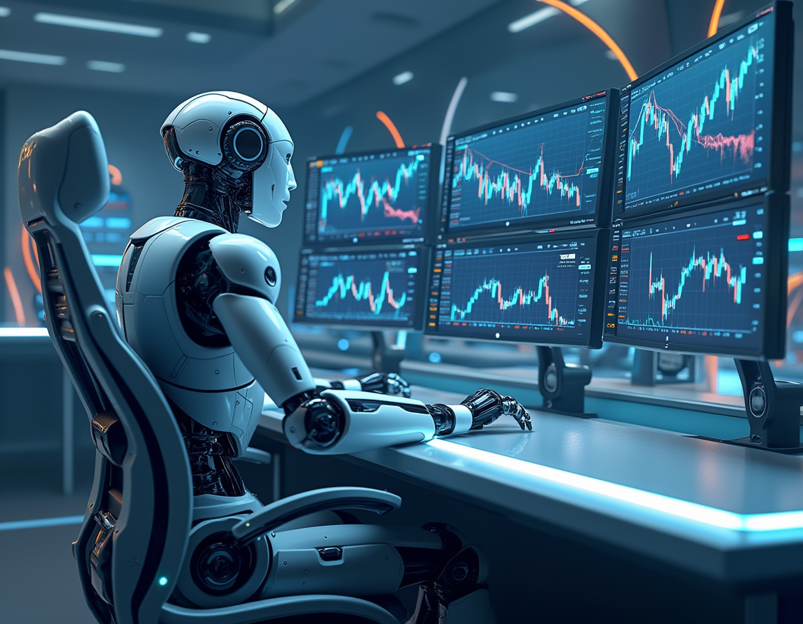 A humanoid AI trading bot at a high-tech workstation analyzing market data on multiple screens.