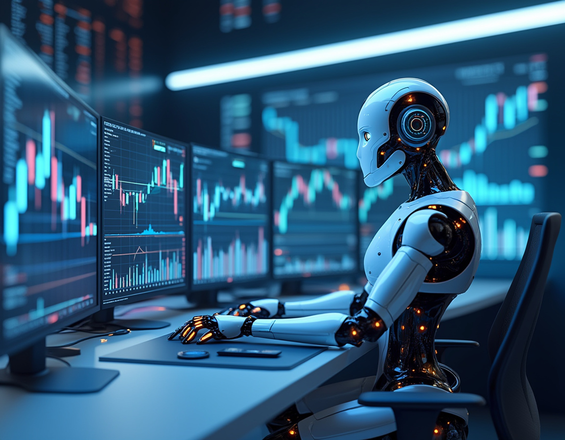 A hyper-realistic AI trading bot analyzes market data at a sleek workstation with glowing screens.