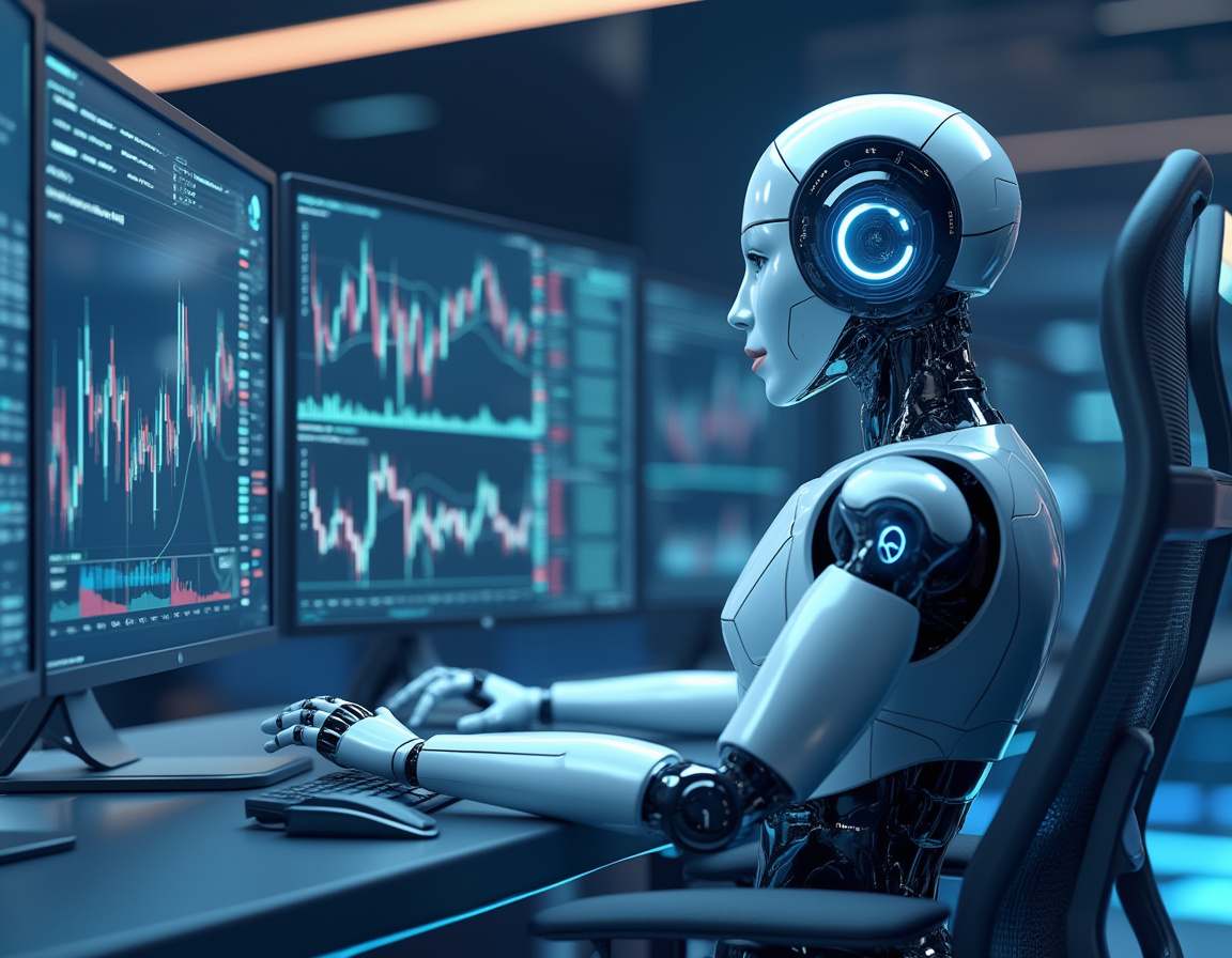 A hyper-realistic AI trading bot in a futuristic setting, analyzing markets on multiple screens.