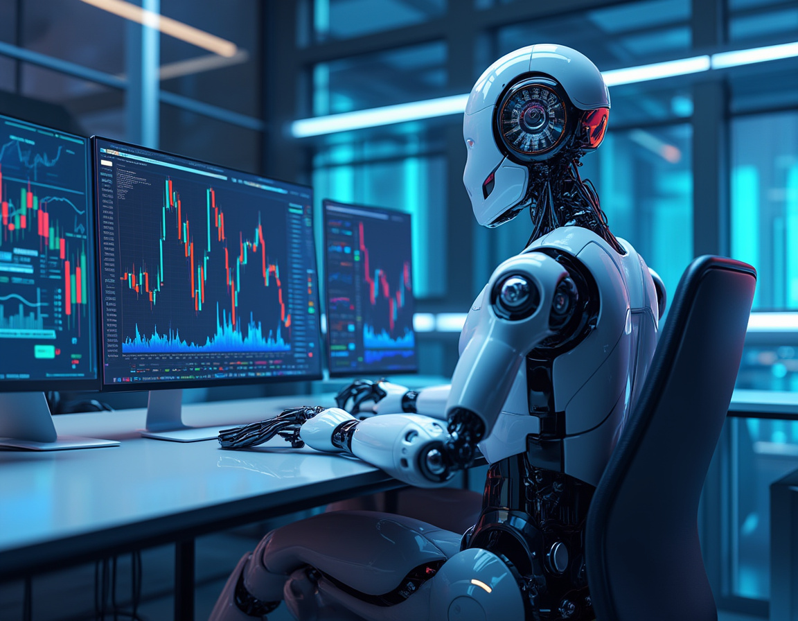 A hyper-realistic AI trading bot analyzes market data in a futuristic financial environment.