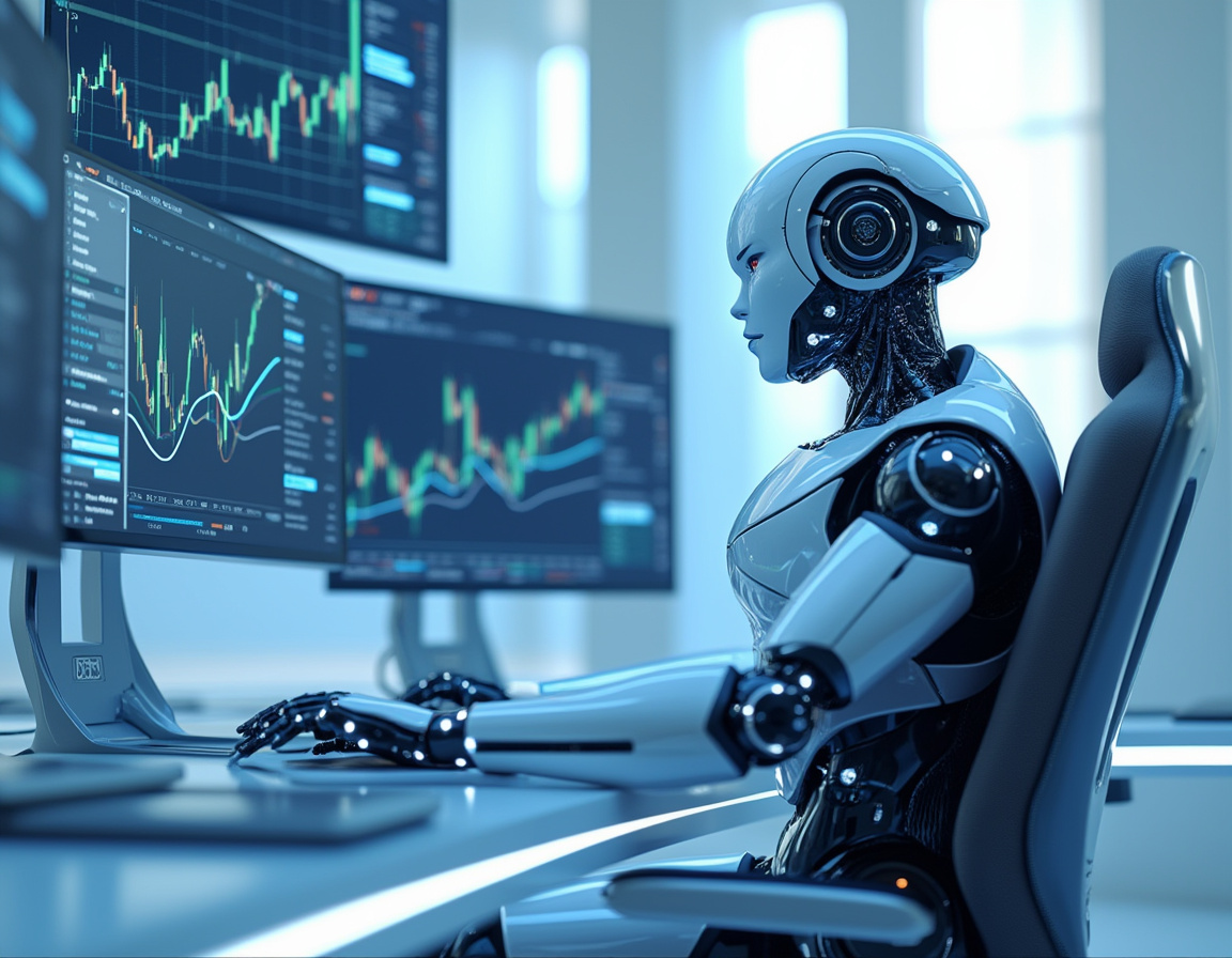 A sleek humanoid AI trading bot at a workstation analyzing market data with multiple screens around.