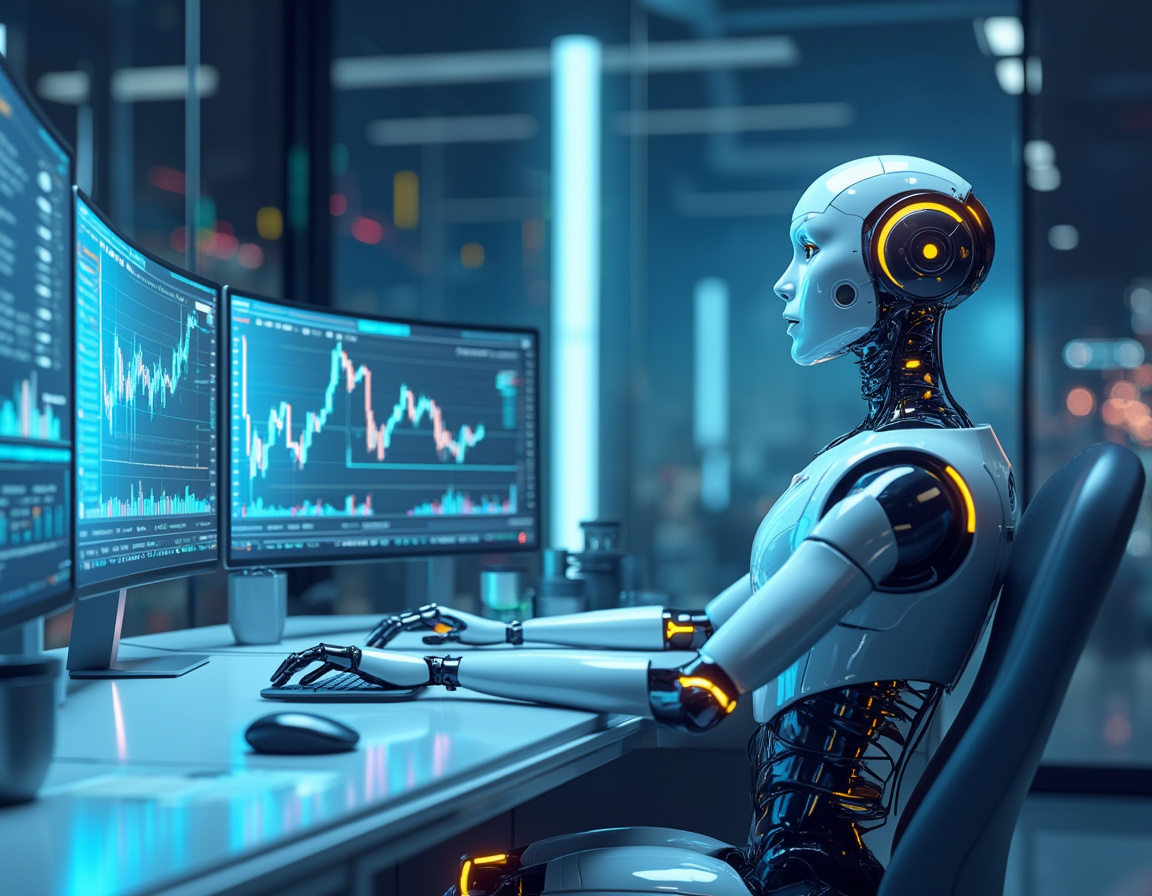 A humanoid AI trading bot analyzes data on screens in a high-tech financial trading environment.