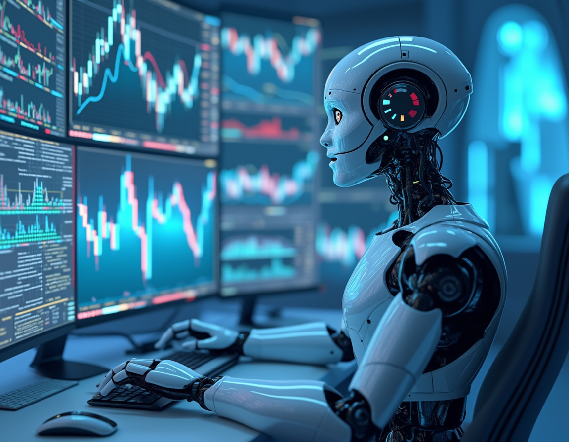 A hyper-realistic AI trading bot at a high-tech workstation analyzing stock and crypto market data.