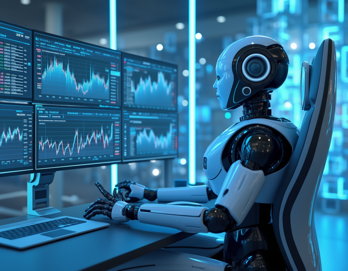 A hyper-realistic AI trading bot at a high-tech workstation analyzing stock and crypto market data.