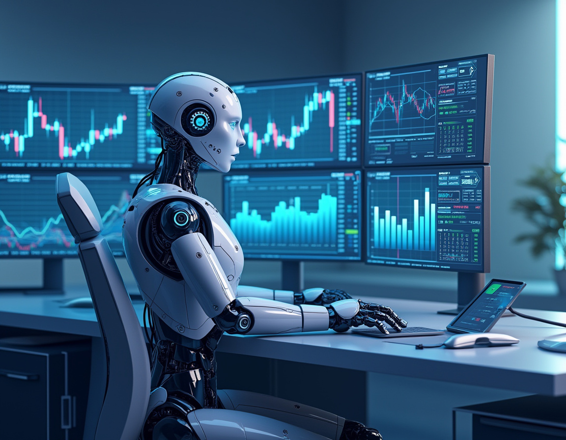 A hyper-realistic AI trading bot analyzes data at a futuristic workstation with multiple screens.