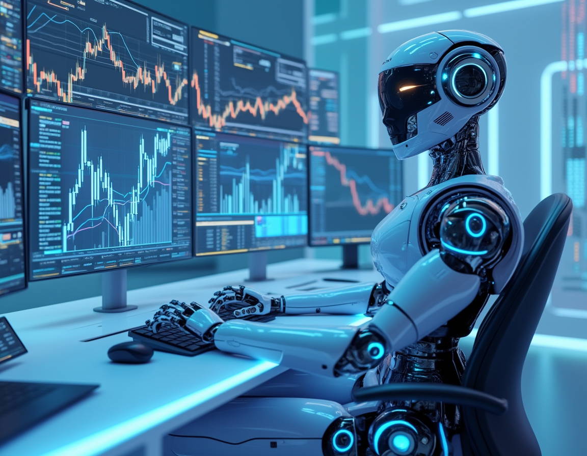 A hyper-realistic AI trading bot at a high-tech workstation analyzing stock and crypto market data.