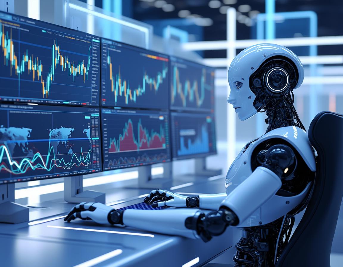 A hyper-realistic AI trading bot in a sleek, high-tech workspace analyzing stock and crypto data.