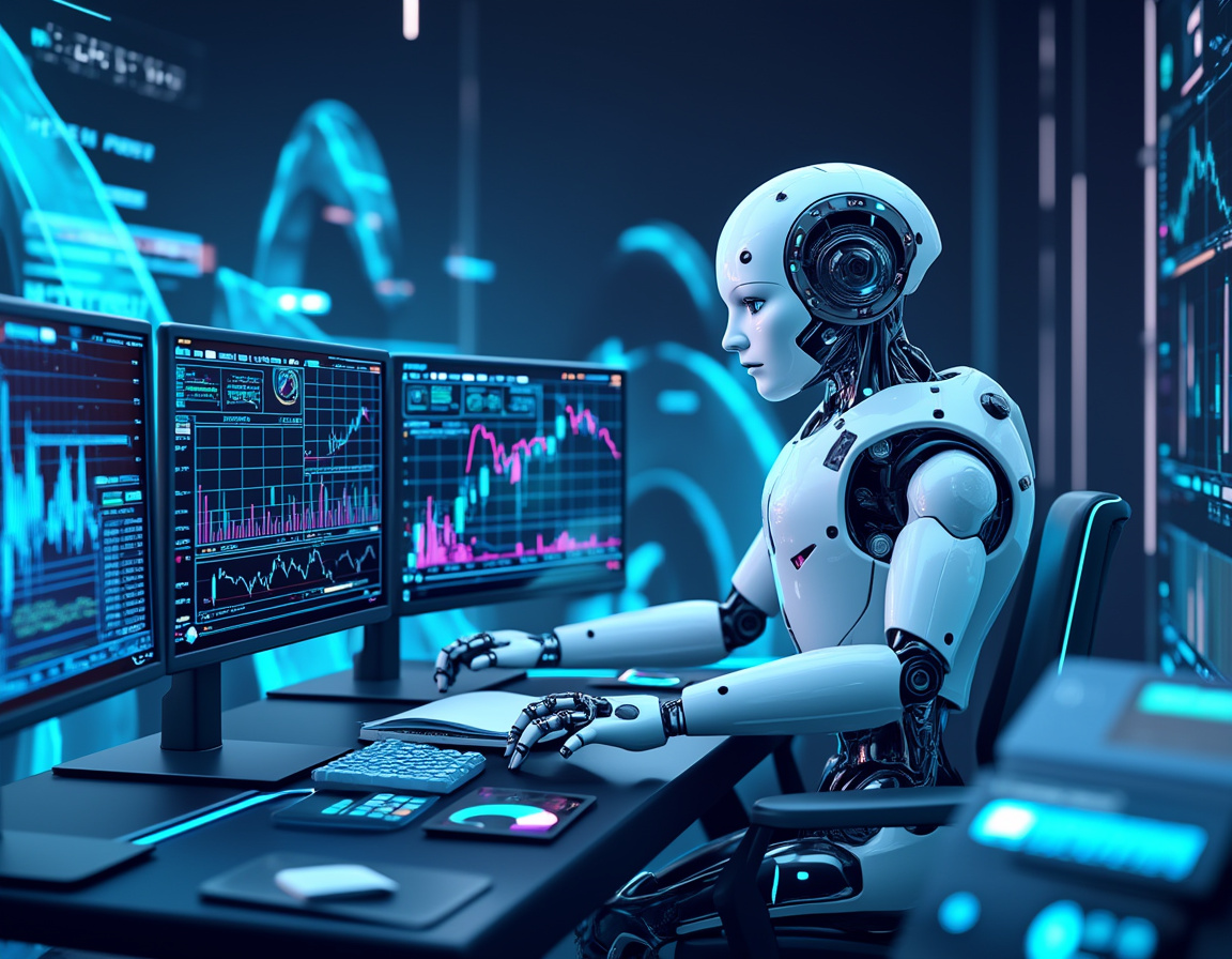 A humanoid AI trading bot analyzes market data at a high-tech workstation with multiple screens.