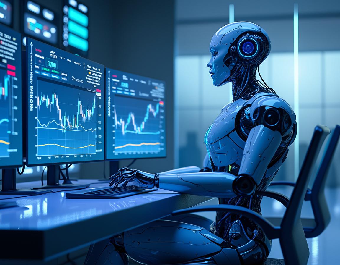 A humanoid AI trading bot analyzes market data at a futuristic workstation with multiple screens.