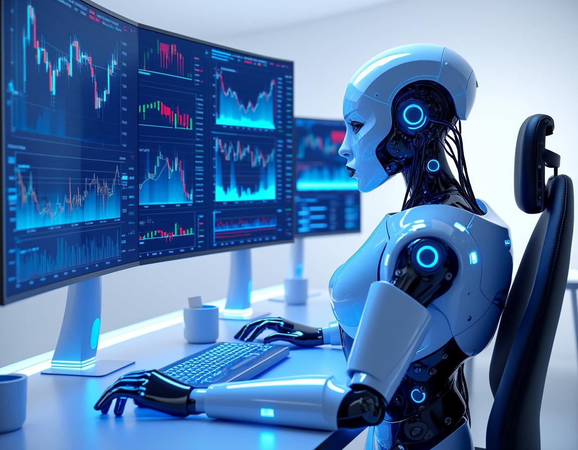 A hyper-realistic AI trading bot seated at a workstation analyzing market data on multiple screens.